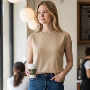 Ellen Tracy Sleeveless Knit Tank in Beige - Preppy - Casual - Size Medium